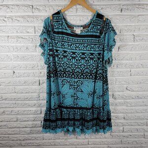 Paisley Vine Women's 2X Plus Blue Brown Geometric Cold Shoulder Ruffle GEO221XE